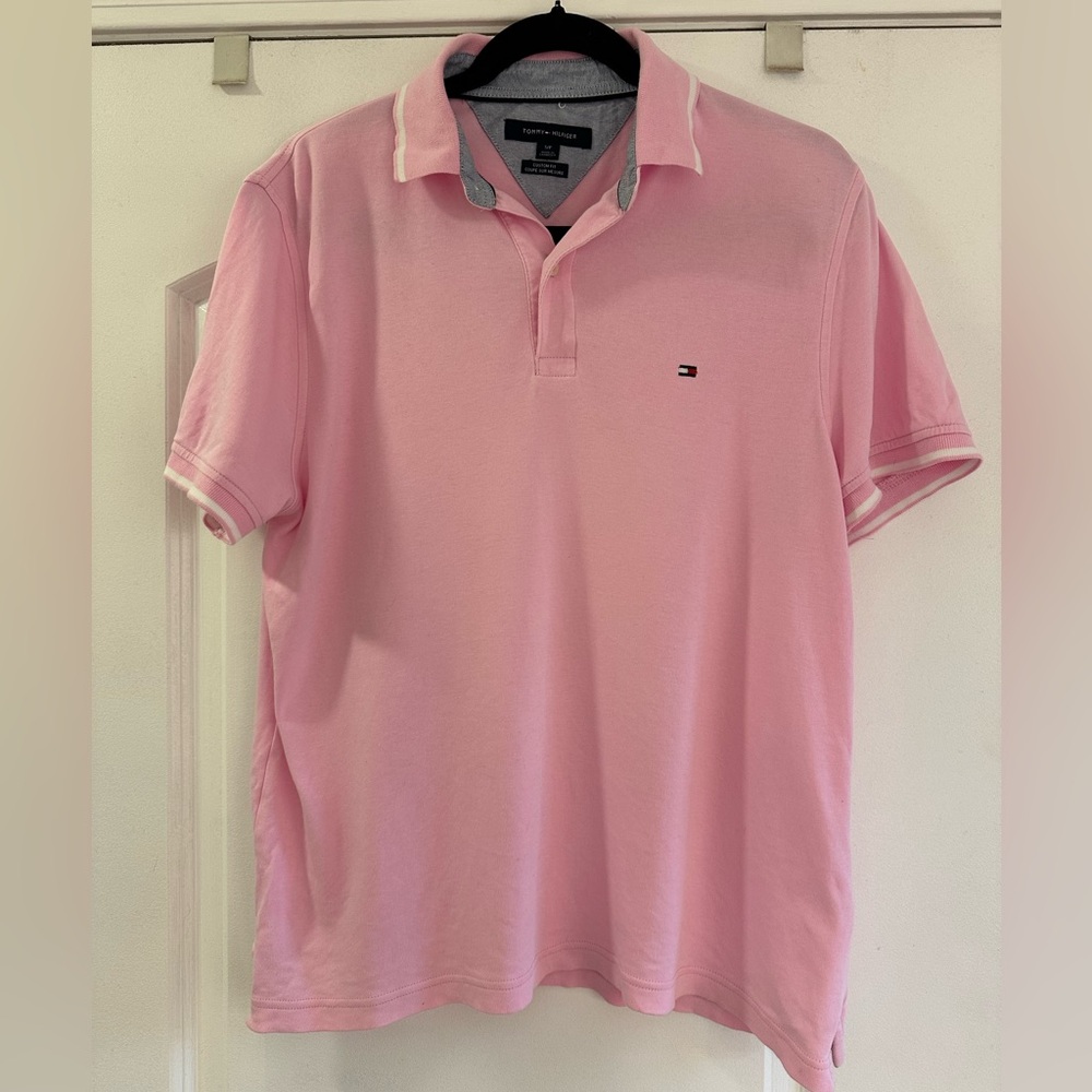 EUC Tommy Hilfiger pink polo shirt with white trim on sleeves